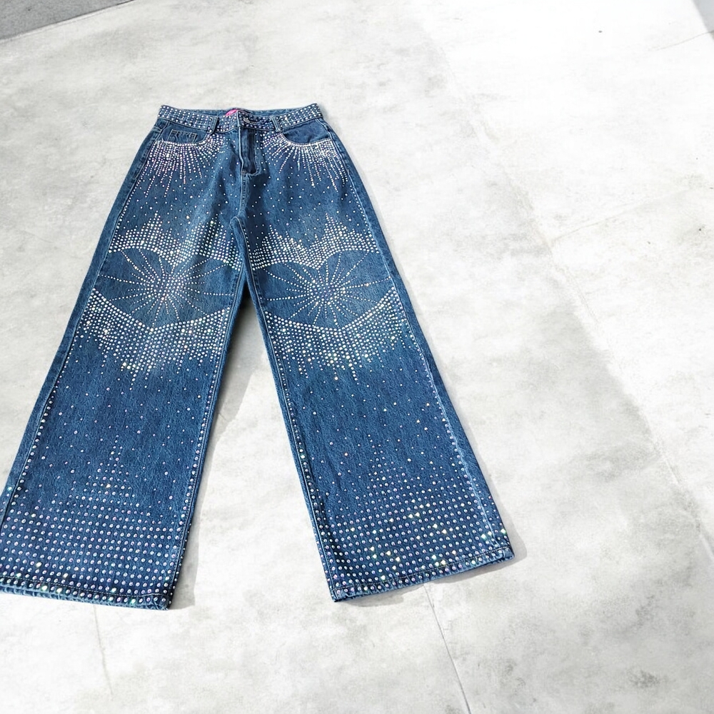 Heartandenim Rhinestone Embellished Blue Wide-Leg Custom Jeans